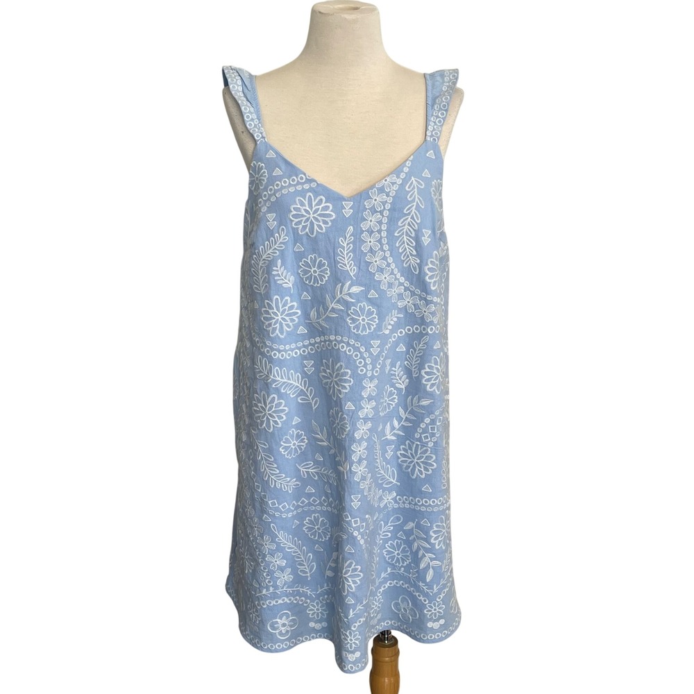 Savanna Jane Women's Embroidered Floral Blue Dress Summer Casual Size L